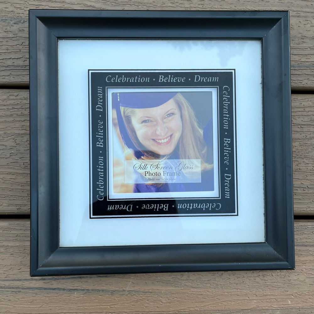 Graduation picture frame holds a 5x5 photo.